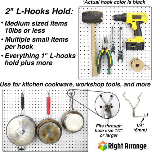 Steel Pegboard Hooks 50-Pack, 1" + 2” L Hook, Black - Fits Any Peg Board, Organize Tools, Accessories, Garage Storage