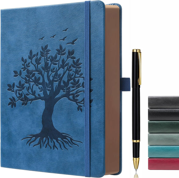ZXHQ A5 360 Pages Lined Journaling Notebooks with Pen, Tree of Life Design, Brown Edge, Fine Inner Pocket, Blue