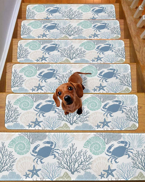 LBCASA 4 8 30 Inch Stair Treads Non Slip Indoor for Wooden Steps, Coastal Crab Pcs Stair Mats for Kids Elders Dogs, x