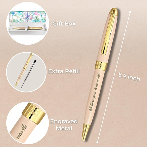Follow Your True North Ballpoint Pen for Women, Inspirational Pink Pen with Gold Trim, Gift Box, Extra Refill, Black Ink