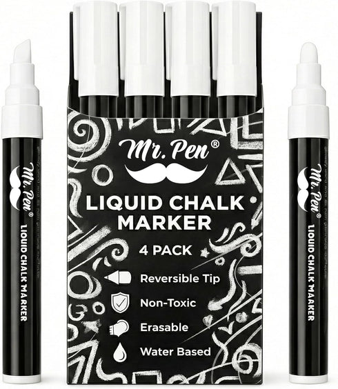 Mr. Pen- Liquid Chalk Marker Pen, 4 Pack, 8x Labels, White Non-Toxic