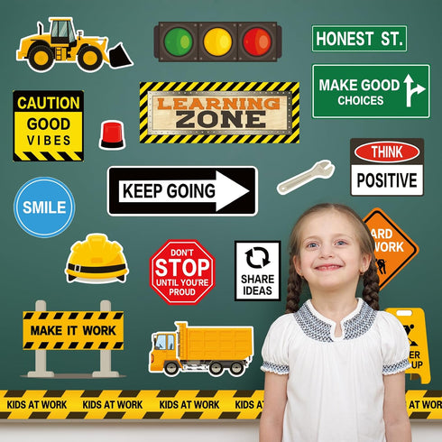 Whaline Construction Bulletin Board Set with Glue Points Positive Saying Learning Zone Cutouts for Educational Wall