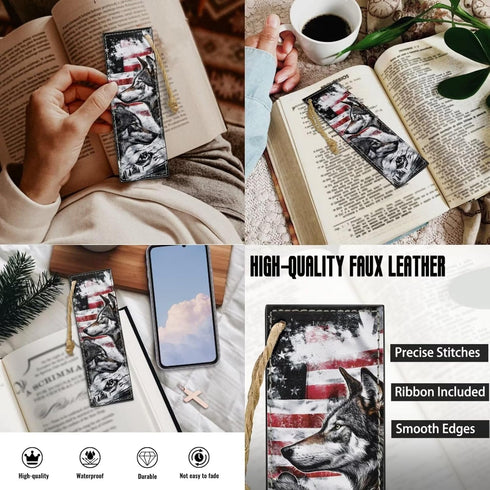 Wolf American Flag Bible Case for Men, Leather Bible Cover Bags for Adults with 2 Bookmark, Waterproof Protective