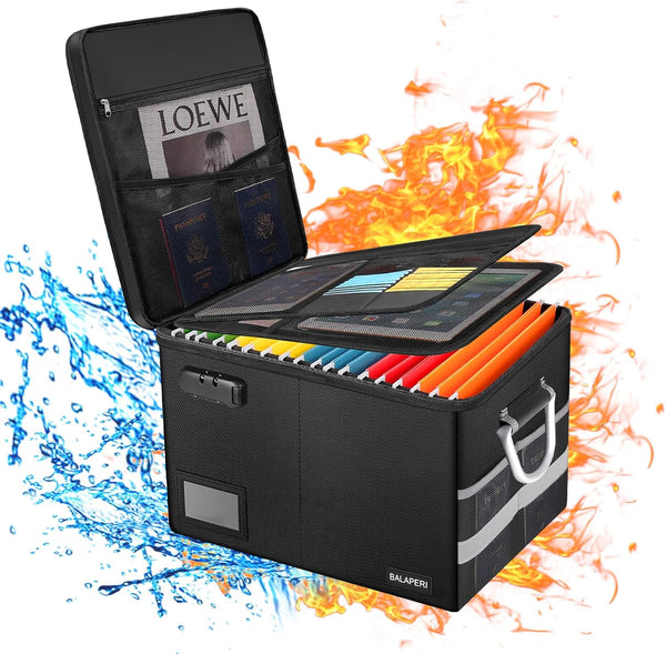 Fireproof Document Box with Lock, Portable File Organizer Storage Box for Legal/Letter Size Hanging Folders, Collapsible