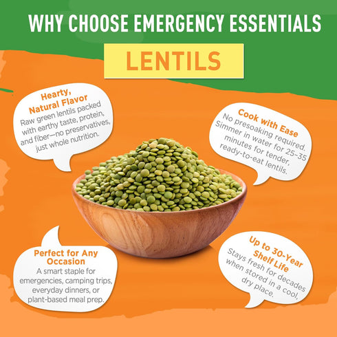 48 30-Year Emergency Essentials Lentils, Long-Term Emergency Food Supply, Servings, Shelf Life, High-Protein Vegetarian