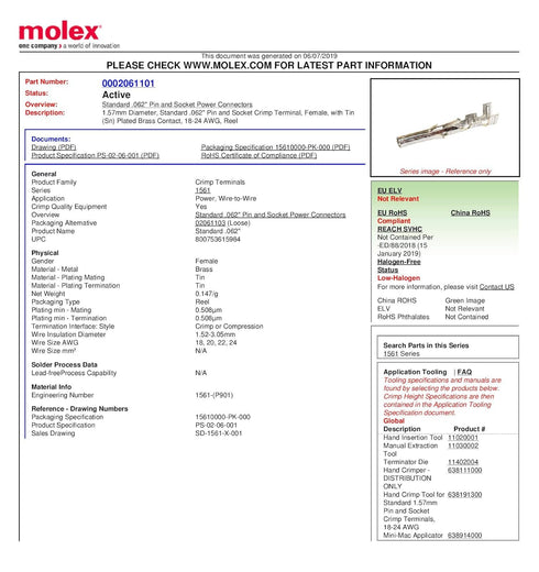 Molex Pin, Male & Female .062" 18-24 AWG, Series 1561 Tin Plated Brass Contact (40 Pair)