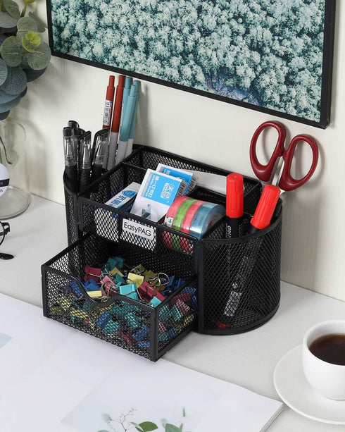 EasyPAG Desk Organizer, Mesh Desktop Caddy with 8 Compartments and 1 Drawer for Office Supplies (Black)
