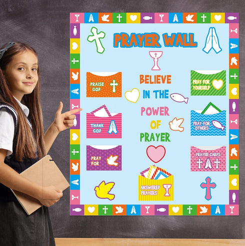 Geelin 184 Pcs Prayer Wall Bulletin Board Set, Cork Board Religious Decor Rainbow Christian Decorations for Classroom