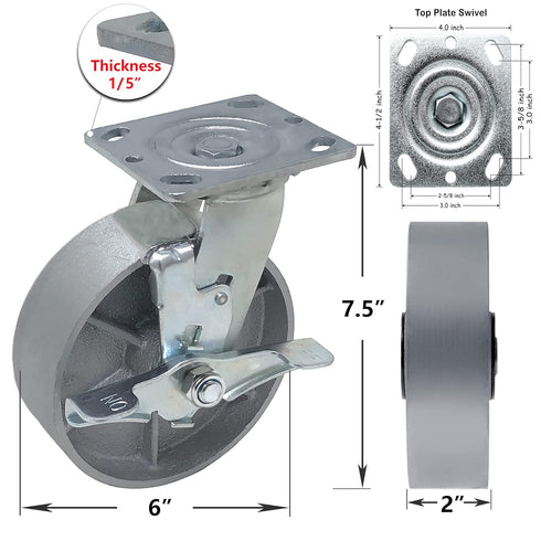 Heavy Duty Caster Steel Cast Iron Wheel, Tool Box and Workbench Swivel Caster with 1250LB Capacity (6 inch, 1 Brake)