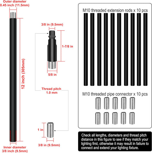 10 12-inch M10 180 Pieces Threaded Extension Poles Lighting Fixture Downrods Stems & Degrees Sloped Ceiling Adapter