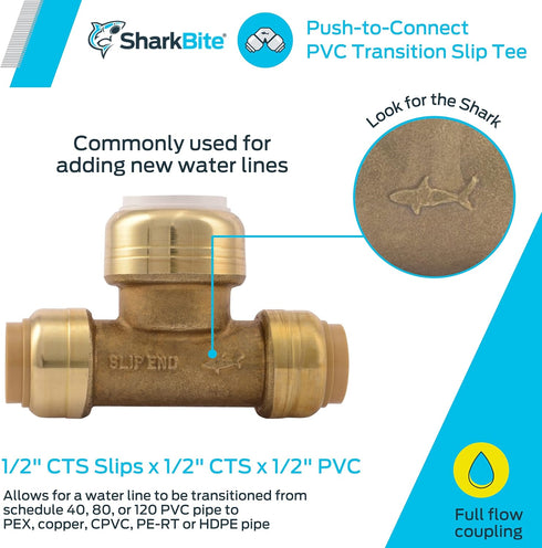 SharkBite 1/2 Inch CTS x 1/2 Inch CTS x 1/2 Inch PVC Slip Tee, Push To Connect Brass Plumbing Fitting, UIP363A by SharkBite