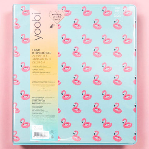Yoobi 1 Inch Binder, Blue Flamingo, Holds Up to 275 Sheets, 3 D-Ring Binder with 2 Interior Pockets, PVC Free