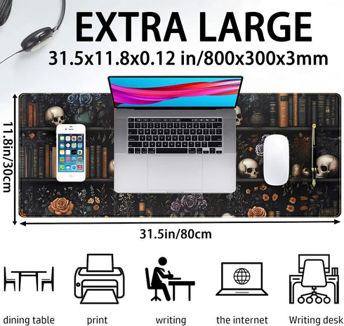 DSKGSJH 31.5" 11.8" Dark Bookshelf Desk Pad Gothic Gaming Mouse Mat XL, Black Large Computer Keyboard Mat Mystery