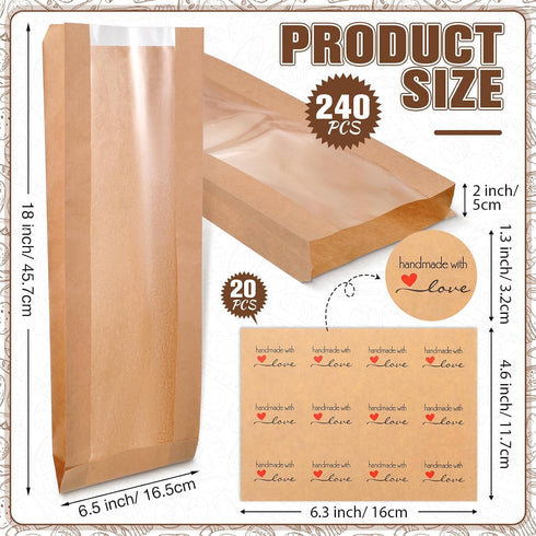 240 Packaging 6.5 2 18 Inch Thenshop Pieces Paper French Bread Bags with Seal Stickers Baguette Bags for Homemade Brown