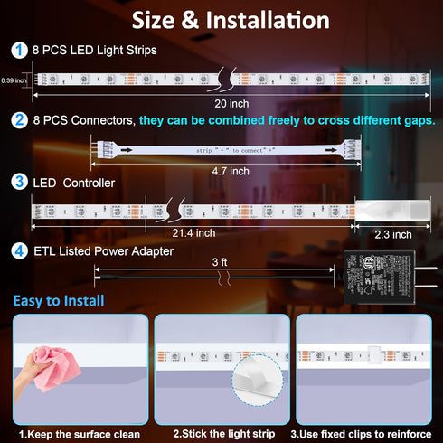 8 Counter, 13ft LAFULIT PCS RGB Under Cabinet Lights Kit, App and Remote Control Led Strip Lights, Music Sync Color