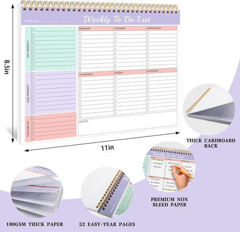 Weekly To Do List Notepad with Priorities, 8.5"×11" Undated Weekly Desk Planner Organizer for School, Office Supplies,