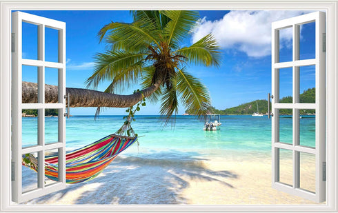 Beach Seascape Window Wall Sticker, Removable Palm Tree and Hammock Decal for Tropical Sea View in Living Room