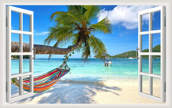 Beach Seascape Window Wall Sticker, Removable Palm Tree and Hammock Decal for Tropical Sea View in Living Room