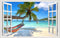 Beach Seascape Window Wall Sticker, Removable Palm Tree and Hammock Decal for Tropical Sea View in Living Room
