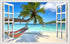 Beach Seascape Window Wall Sticker, Removable Palm Tree and Hammock Decal for Tropical Sea View in Living Room