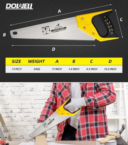 DOWELL 14 in Hand Saw, 11 TPI Fine Cuts Wood Saw for Sawing, Trimming, Gardening, Sharp Blade