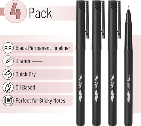 Mr. Pen- Black Fineliner Pens, 4 Pack, 0.5mm Fine Point Pens,Marker Pen for Transparent Sticky Notes, Fine Tip Markers, Fine Line Markers, Drawing Pen, Art Pens, Writing Pens by Mr. Pen