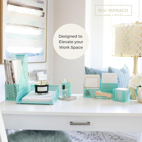 BLU MONACO Aqua - Teal 6 Piece Cute Desk Organizer Set, Accessories for Women, Desktop Organization