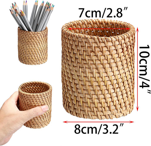 BTSKY 3 Pack Rattan Pen Cup, Handmade Desk Pencil Holders, Multi-Functional Woven Basket Organizer