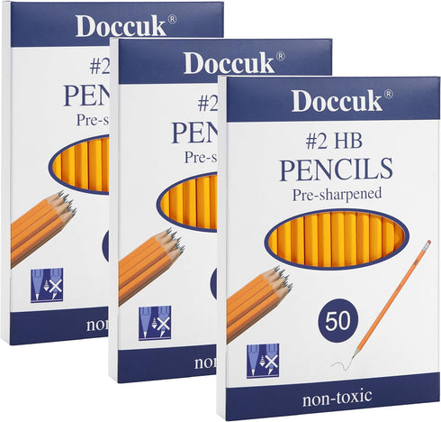 Doccuk Premium Yellow Pre-Sharpened Bulk #2 Pencils with Erasers, 150 Count for Classrooms and Offices