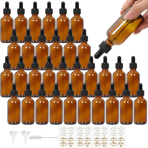 STARSIDE 24 Pack 2 oz Amber Glass Dropper Bottles for Essential Oils, Includes Brush, Funnels, Labels