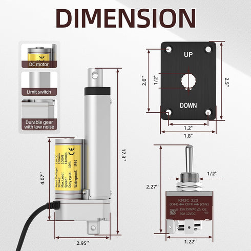 12V Linear Actuator - 4" Waterproof High Speed Actuator with 1000N/220lbs Stroke and Reverse Polarity Switch