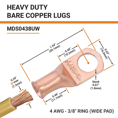 SELTERM 10pcs 4 AWG - 3/8" Stud Battery Lugs, Heavy Duty Wire Lugs, Ring Terminals, Electrical Connectors