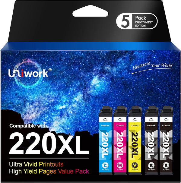 Uniwork T220 220XL Remanufactured Ink Cartridge Replacement for Epson 220 XL, 5 Pack