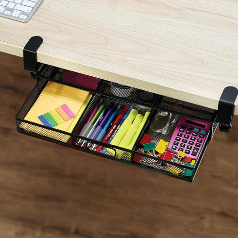 Under Desk Drawer Organizer Clamp-On, Mesh Metal Attachment, 1 Drawer Slide Out for Office Supplies & Home Essentials