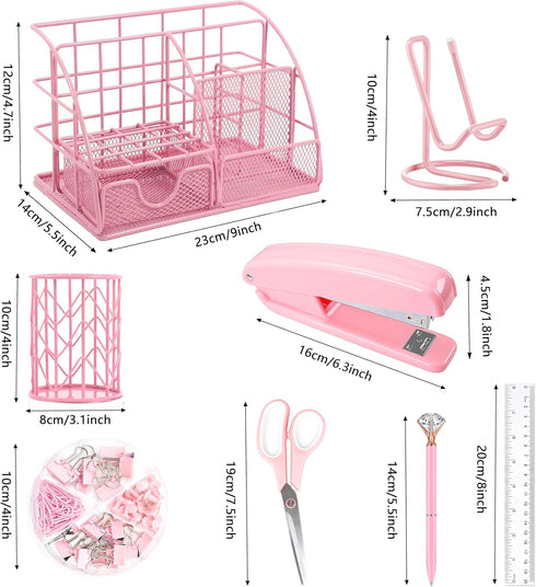 Pink Office Supplies Set with Desk Organizers and Accessories: Stapler, Pen Holder, Phone Holder, Scissors, Ruler, 30