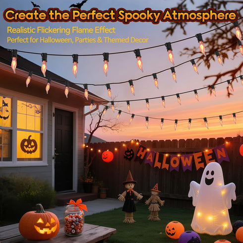 Hobbynors 50Ft Lights,25 C18 Bulbs Extra-Long Fall & Halloween String Flicker Flame for Outdoor Decor,Waterproof