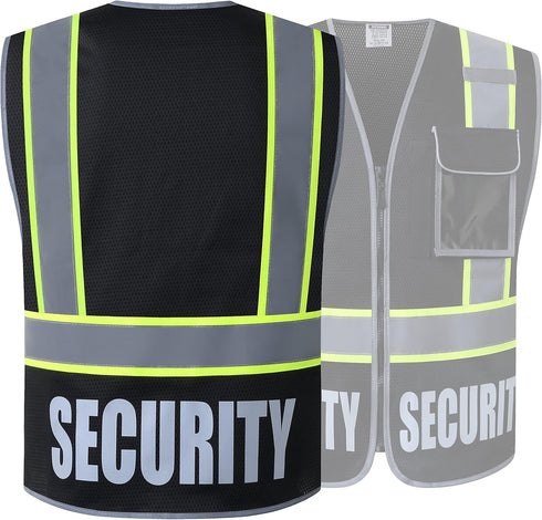 Retro-Reflection Security Safety Vests Heavy Duty Black Mesh with 5 Pockets and Front Zipper Meet ANSI/ISEA 107-2015 (Black-22, Medium)