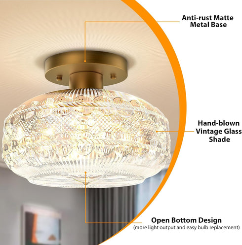 Bathroom,Bulb Industrial Semi Flush Mount Ceiling Light Fixture,Gold Globe Glass Hallway Lights Fixtures