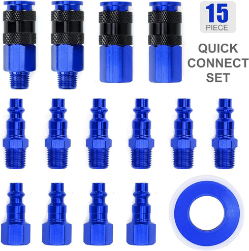 15 Pieces 1/4" NPT Aluminum Air Coupler and Plug Kit, Quick Connect Air Fittings, Industrial Quick Connector Set (Blue) by FYPower