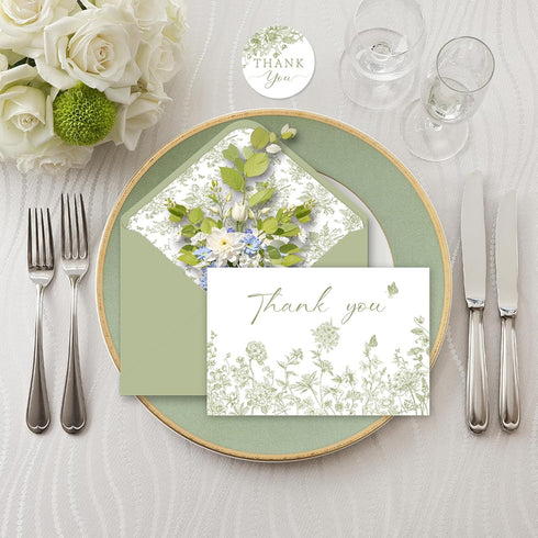 SMUAENSS 24 Pack Sage Green Floral Thank You Cards With Envelopes Stickers, Wedding Floral Thank You Card Greenery