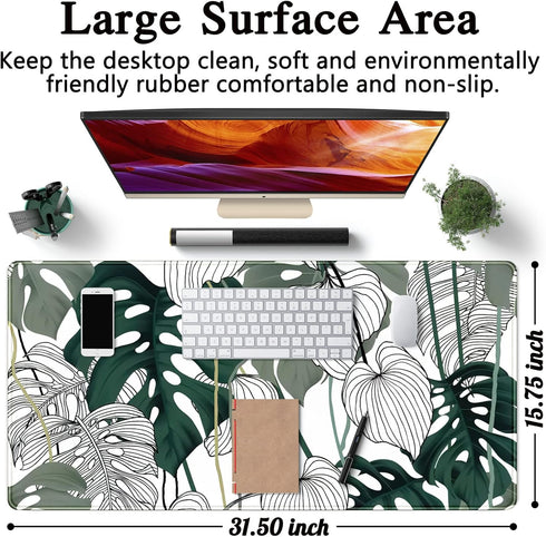 Desk Mat Green Plant Leaf, Large Mouse Pad for Women Office Decor, XXL Mousepad 31.5''X15.7'' Non-Slip Rubber Base