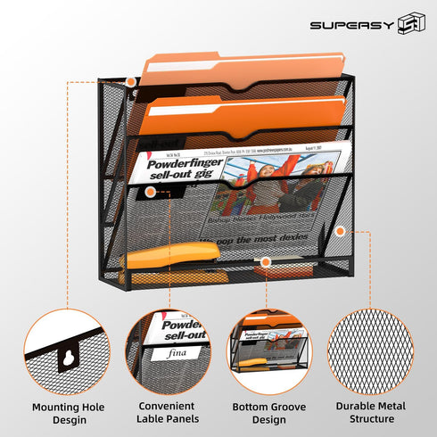 SUPEASY 4-Tier Black Wall File Organizer for Papers, Folders, Clipboard, Magazine Organization, Great for Home, Office