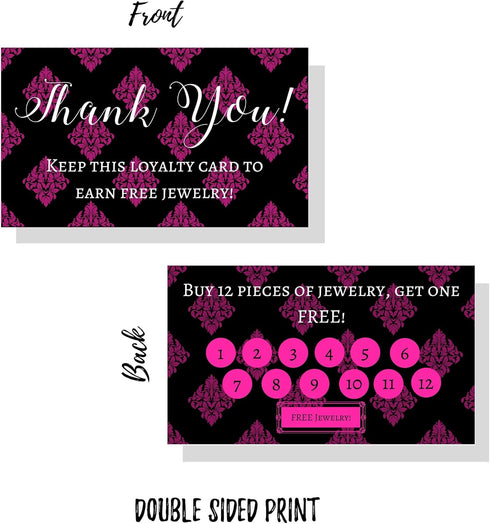 Jewelry Loyalty Cards | 50 Pack Thank You Notes Black Pink Fleur | 5 Bling Buy 12 Get One Free