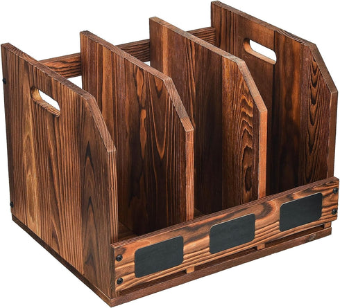 Rustic Torched Brown Wooden Desktop Document Organizer, Office Chalkboard Labels, File Folder Sorter, Table