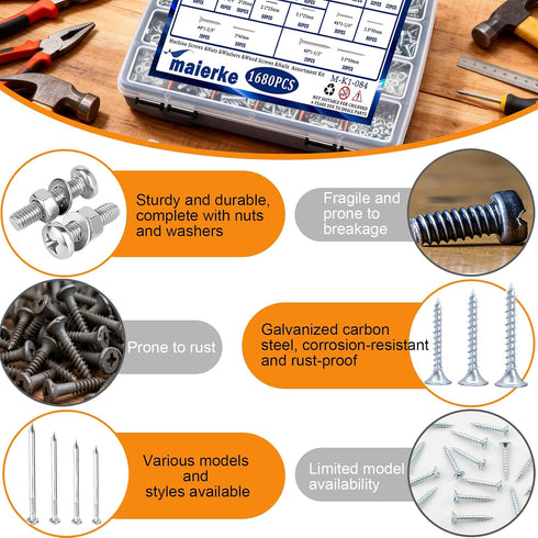 maierke 1680 Kit,M3/M4/M5/M6 Nails,#6#8 Set 1/2 2") PCS High Hardness Screw Bolts and Nuts & Nails & Wood Screws