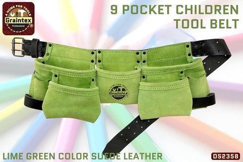 DS2358 9 1.1/2" Hammer Graintex :: Pocket Children Tool Belt Lime Green Color Suede Leather, Kids Real Tool Belt, Boys