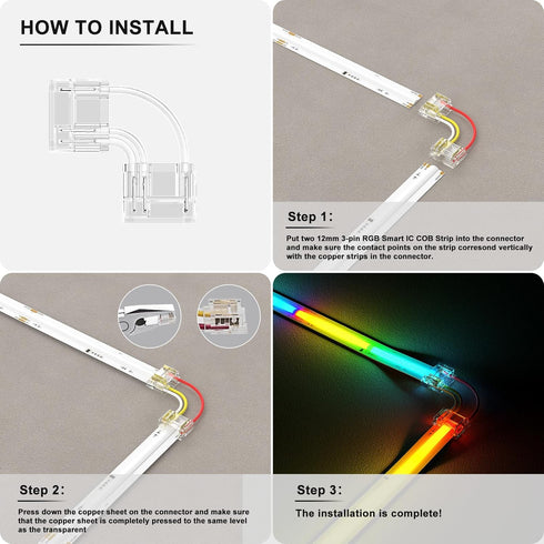 PAUTIX 12mm Connectors 10pcs L-Shaped/Corner Connectors for 3-Pin RGB Smart IC COB LED Strip Lights