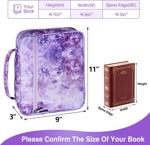 Waterproof Thick Bible Cover Case for Women, Large 11x9x3inch Purple Floral Cover with Strap Pockets