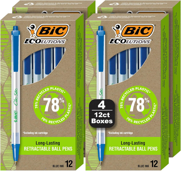 BIC Ecolutions Clic Stic Blue Ballpoint Pens, Medium Point (1.0mm), 48-Count Pack Made from 78% Recycled Plastic