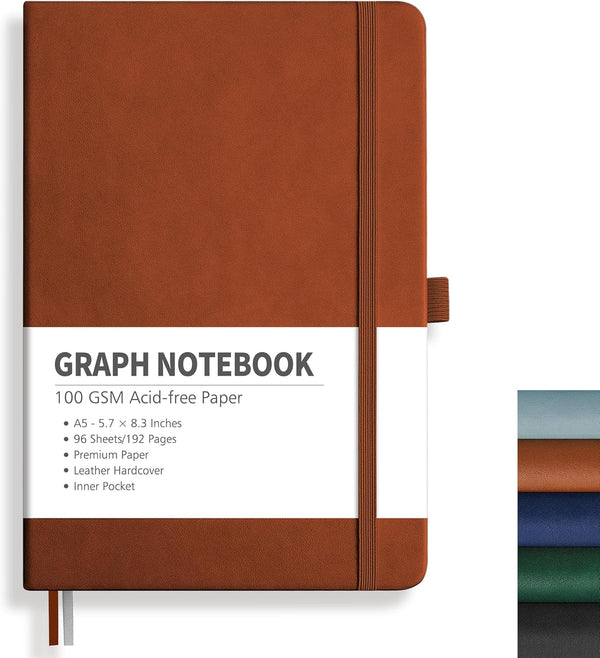 RETTACY Graph Paper Notebook - 192 Pages, Graph Grid Paper Notebook, Leather Hardcover, Brown